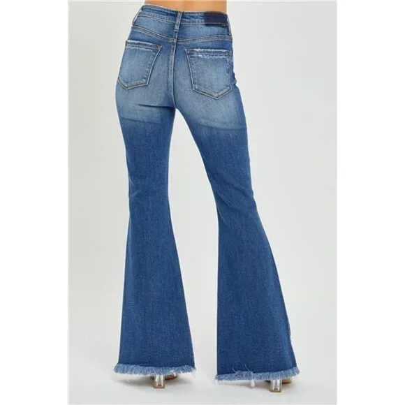 NWT RISEN High Rise Front Slit Frayed Hem Flare Jeans, Some Stretch, Distressed - Picture 2 of 6